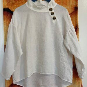 ZARA Ivory Off white linen Blouse Women M, Long Sleeve and mock-neck collar